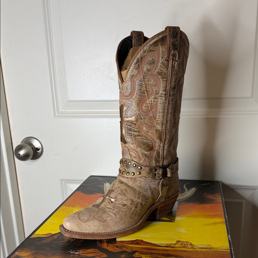 Women's Tan Embroidered Western Heeled Boot with Studded Harness